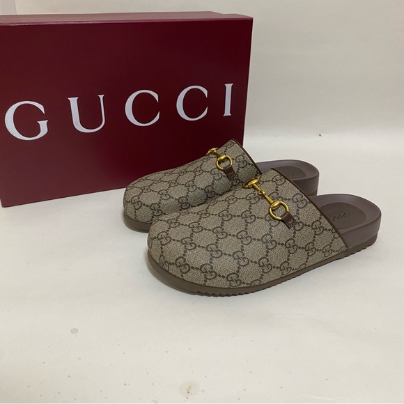 Gucci Beige Monogram Slip-Ons with Gold Detail - Picture 1 of 8